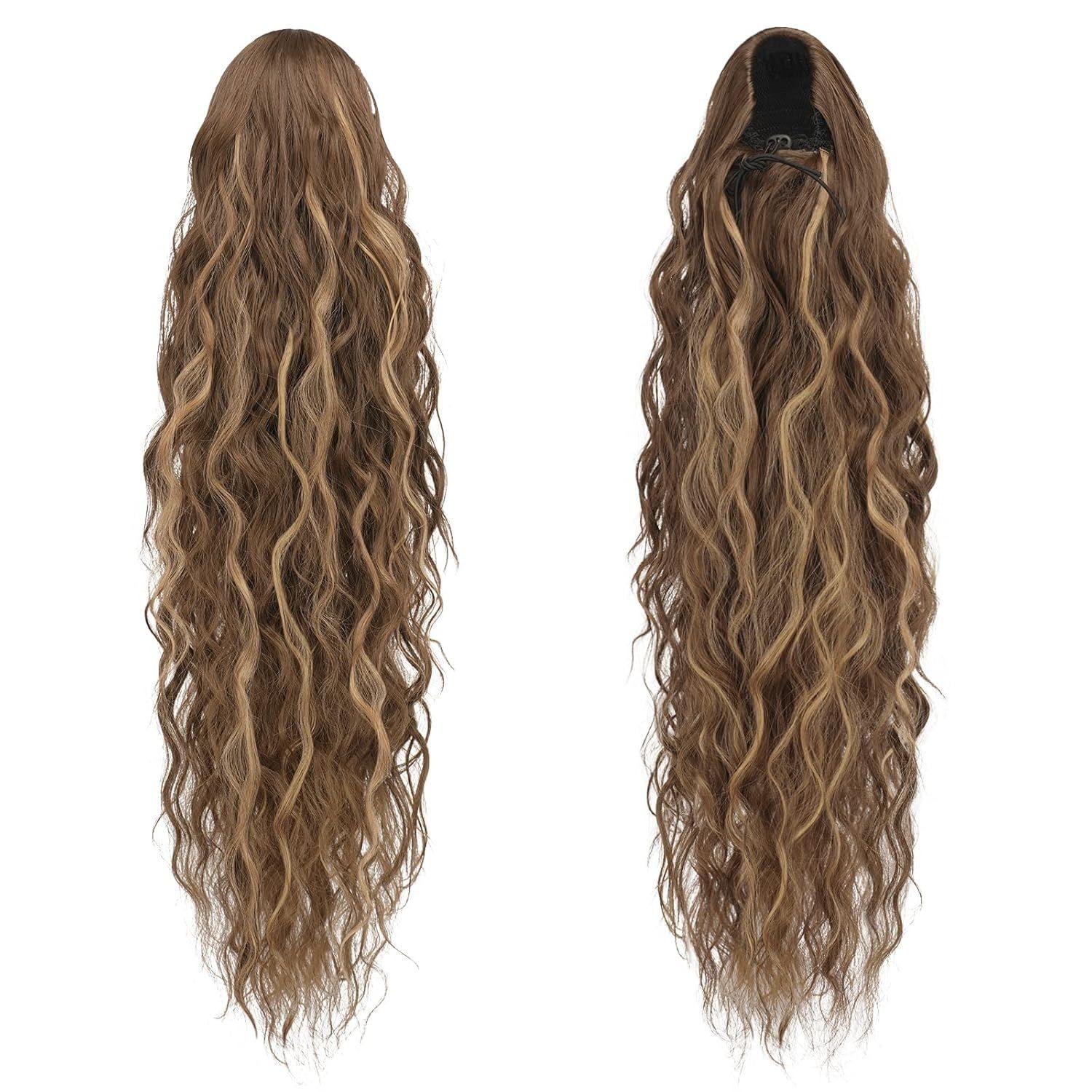 FESHFEN Długa Kucykowa Dodatka, Falista, 65 cm, Miodowy Blond-Jasny Brąz