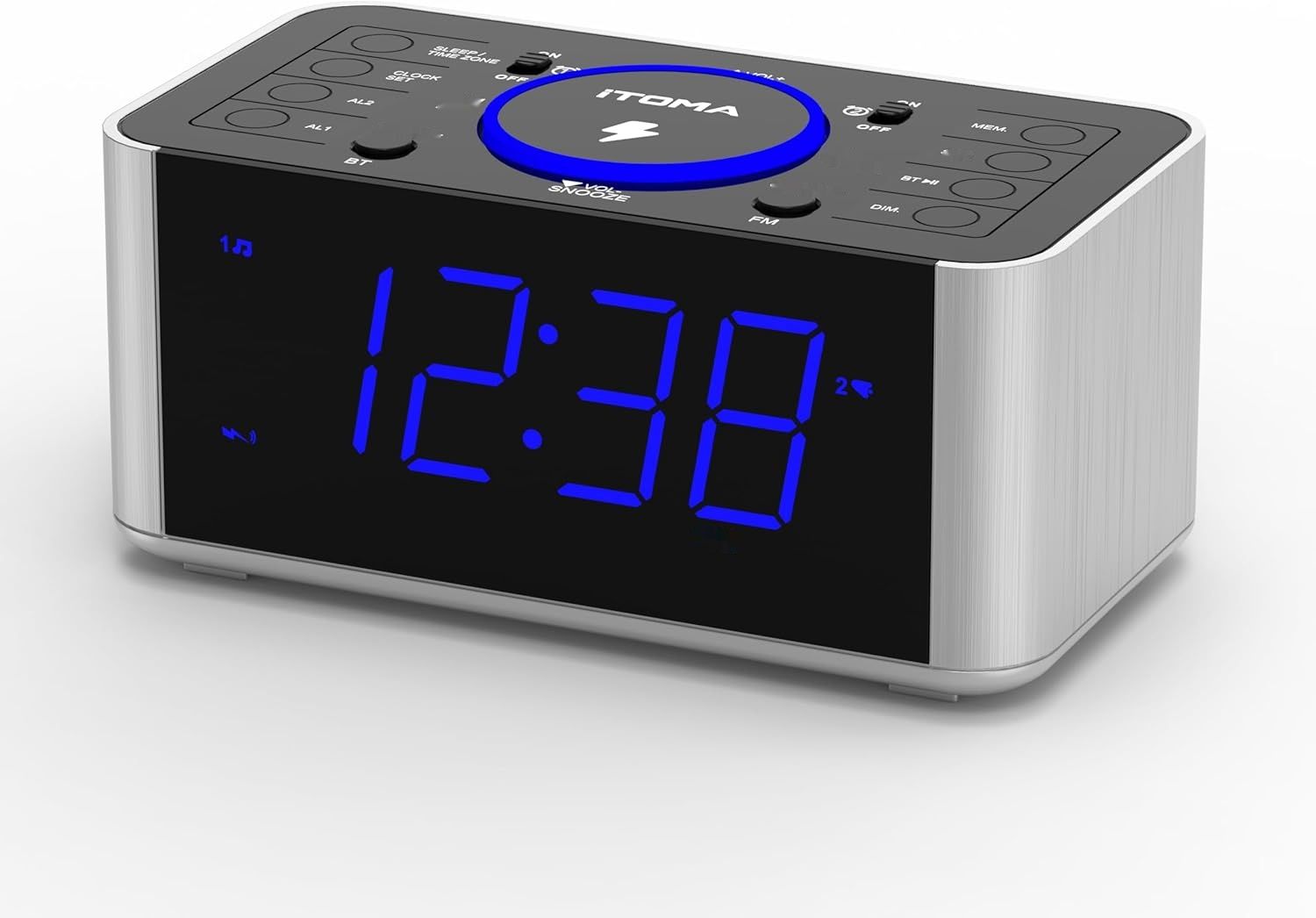 Radiobudzik iToma: radio FM, podwójne alarmy, USB, timer, jasność.