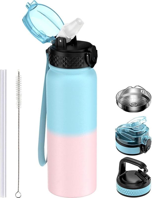 Goppus Butelka na wodę 600ml/20oz ze stali nierdzewnej, 3 nakrętki