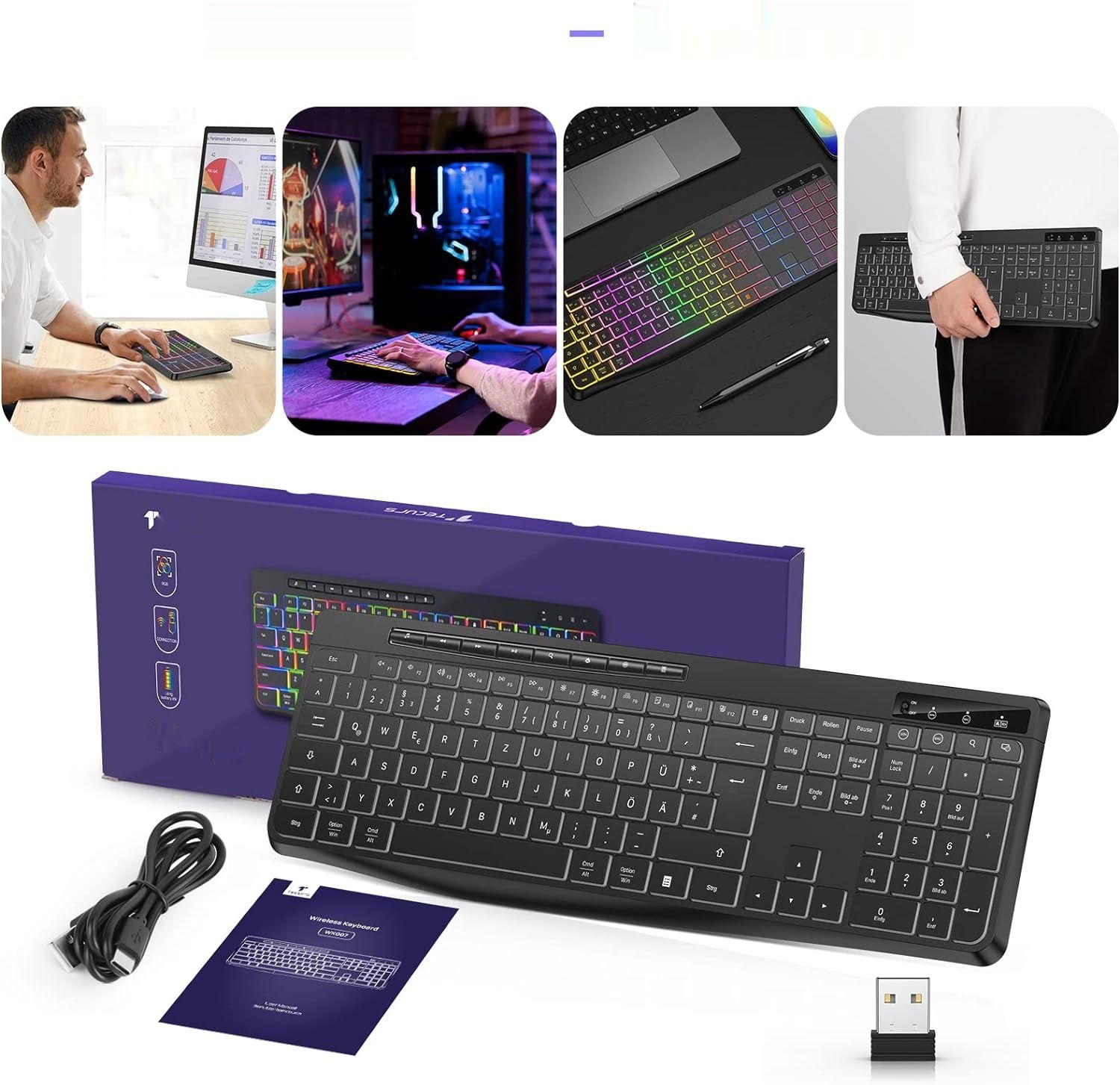 TECURS Bezprzewodowa Klawiatura do Gier - Model QWERTZ, LED, czarna