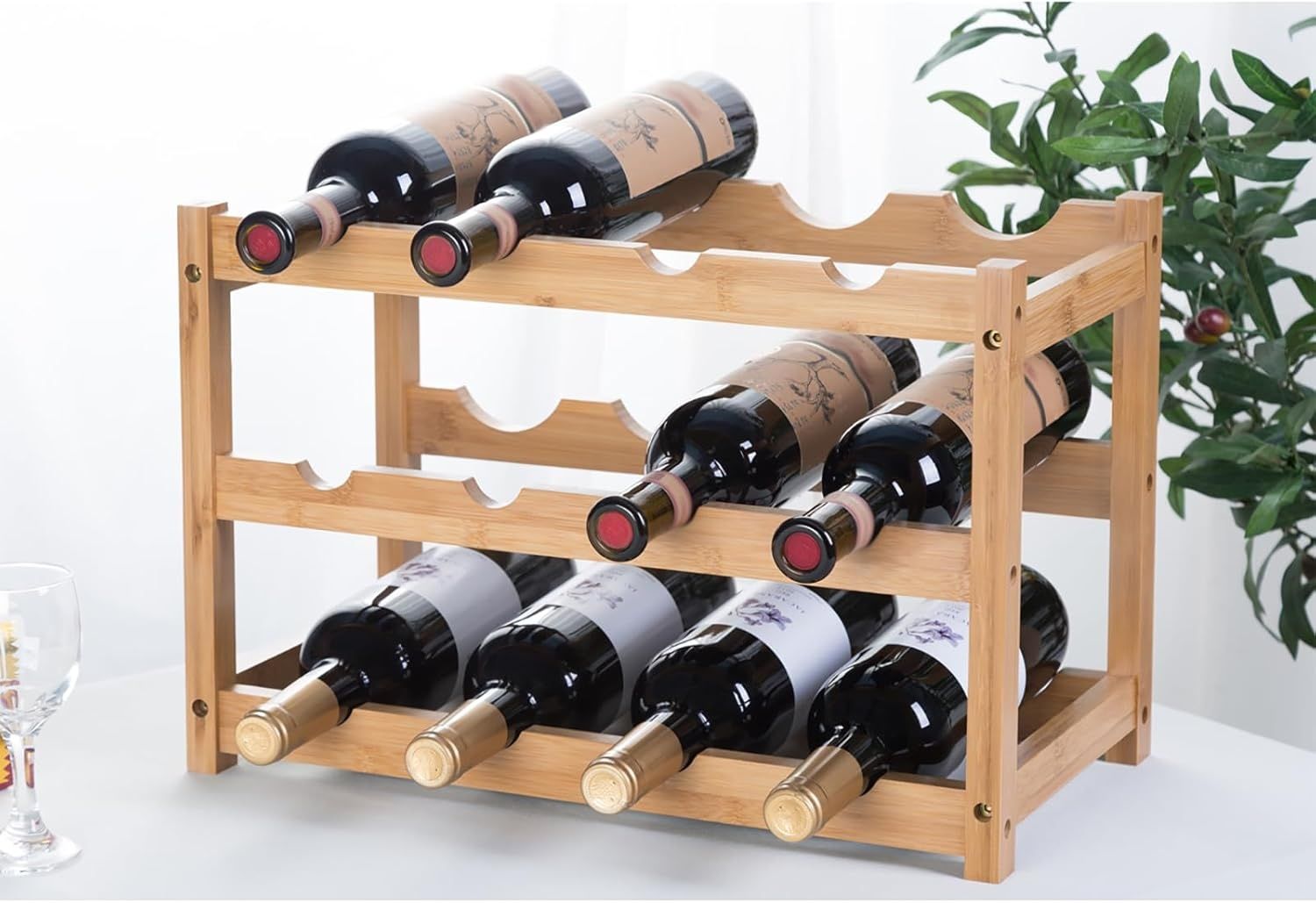 YunNasi Stojak na Wino YNW-312, bambusowy na 12 butelek, 3 poziomy.