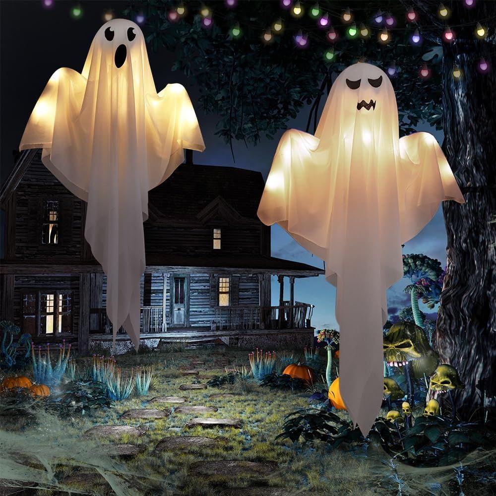 Bseical Zestaw 2 Duchów z LED, 60 cm Dekoracje Halloweenowe na Ogród