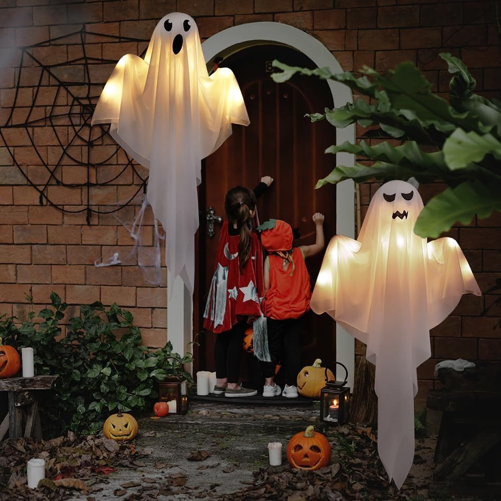 Bseical Zestaw 2 Duchów z LED, 60 cm Dekoracje Halloweenowe na Ogród