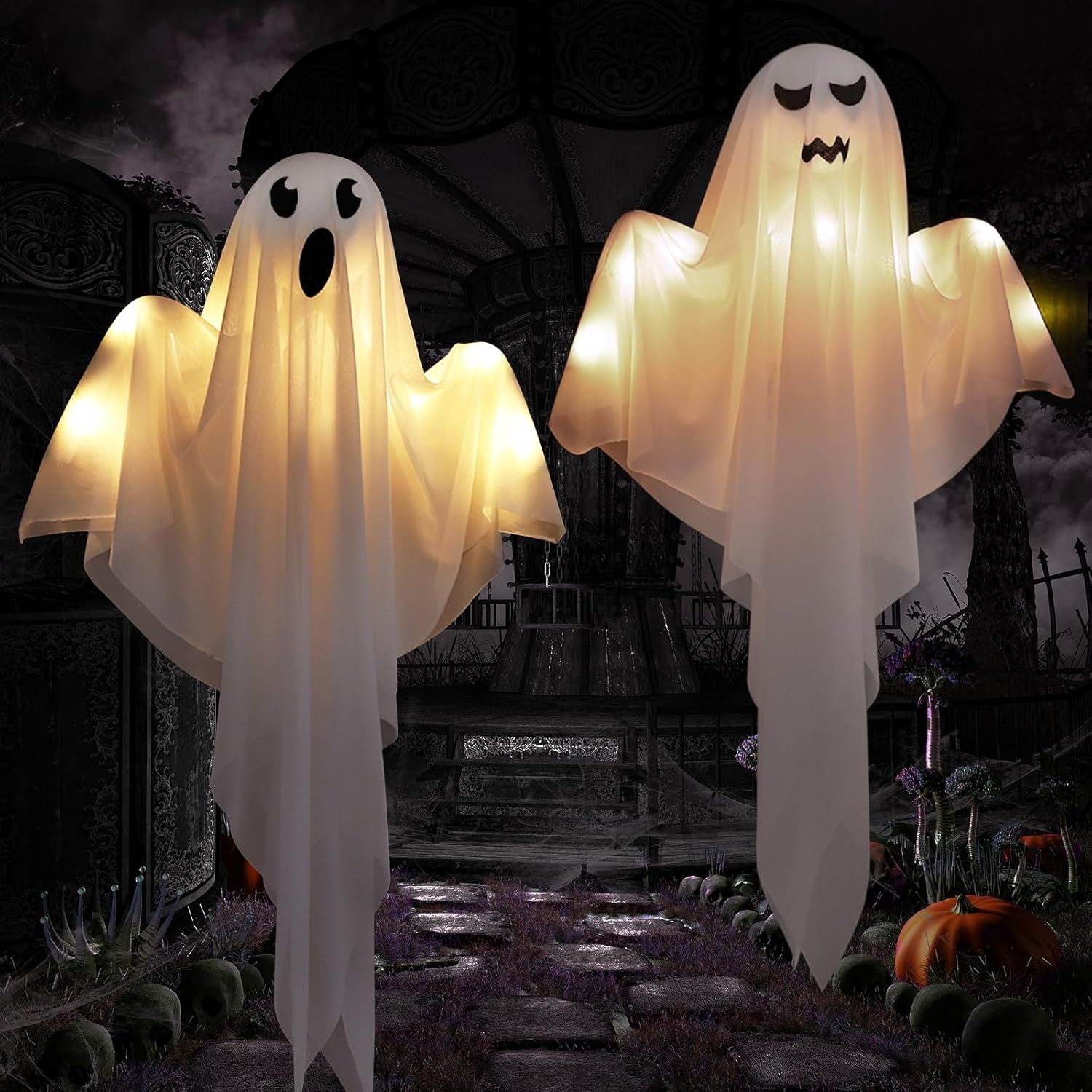 Bseical Zestaw 2 Duchów z LED, 60 cm Dekoracje Halloweenowe na Ogród