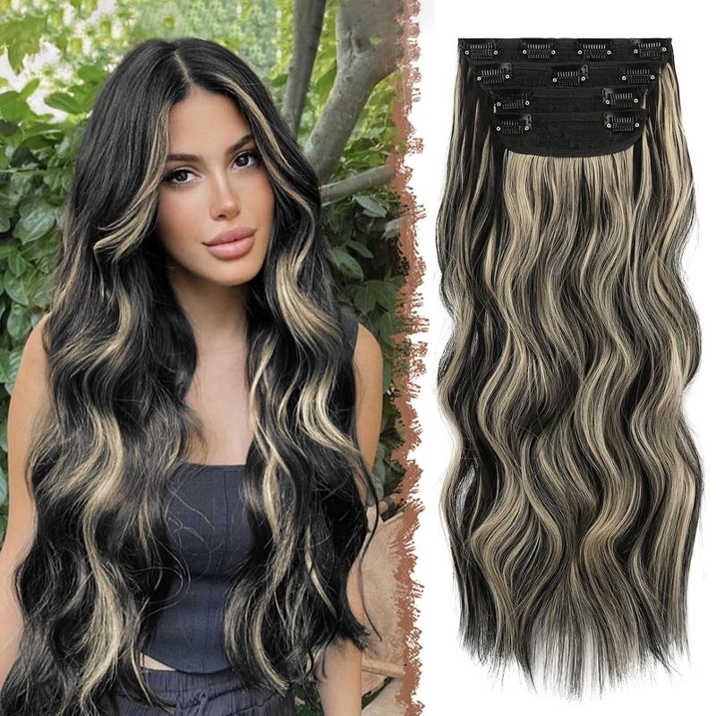 FESHFEN Clip-In Extensions 50 cm, syntetyczne falowane włosy, czarne z blond