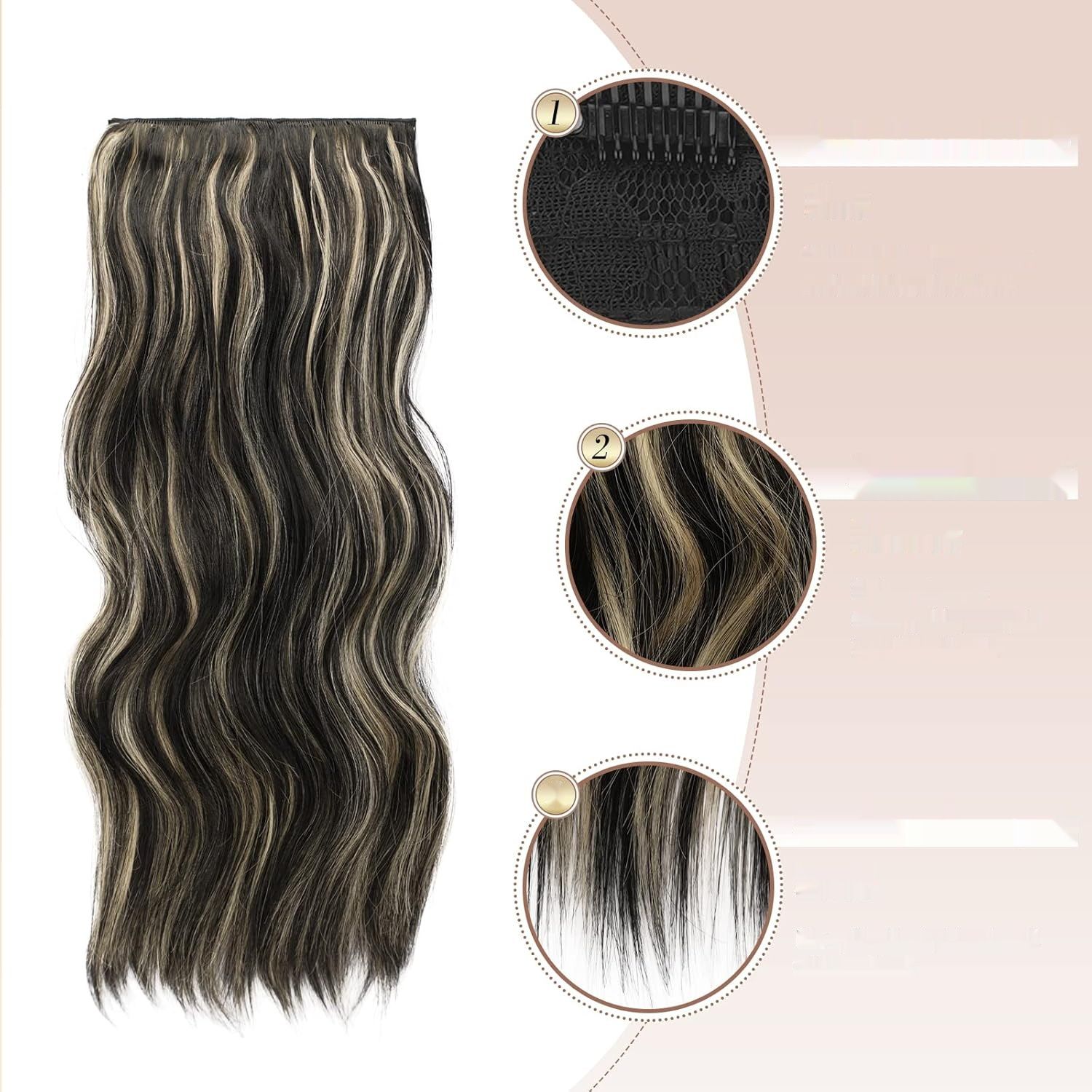 FESHFEN Clip-In Extensions 50 cm, syntetyczne falowane włosy, czarne z blond