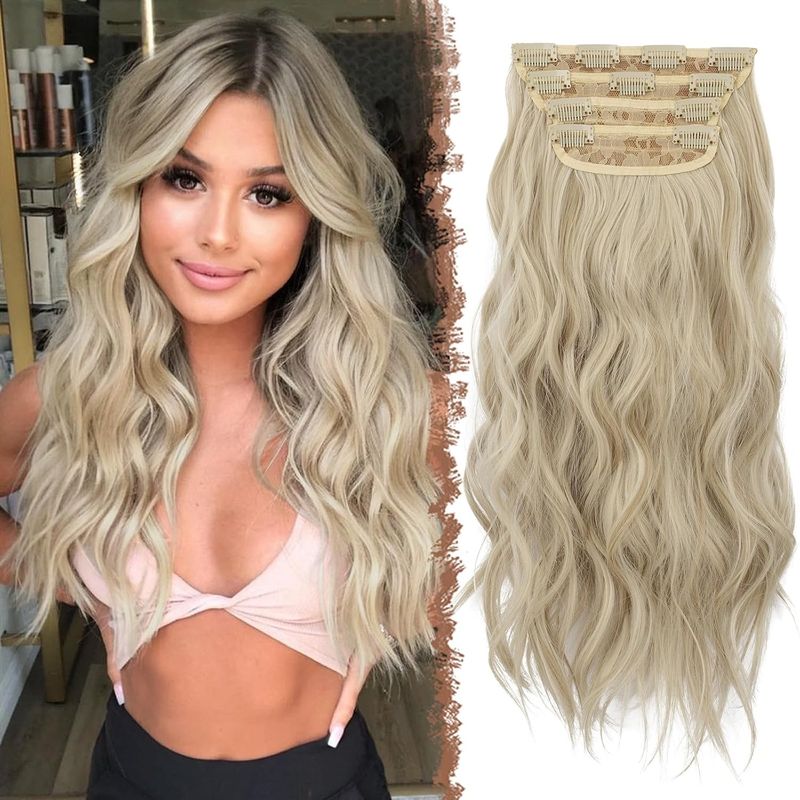 FESHFEN Clip in Extensions, 4PCS Przedłużenia 50 cm, Jasnobeżowy Blond