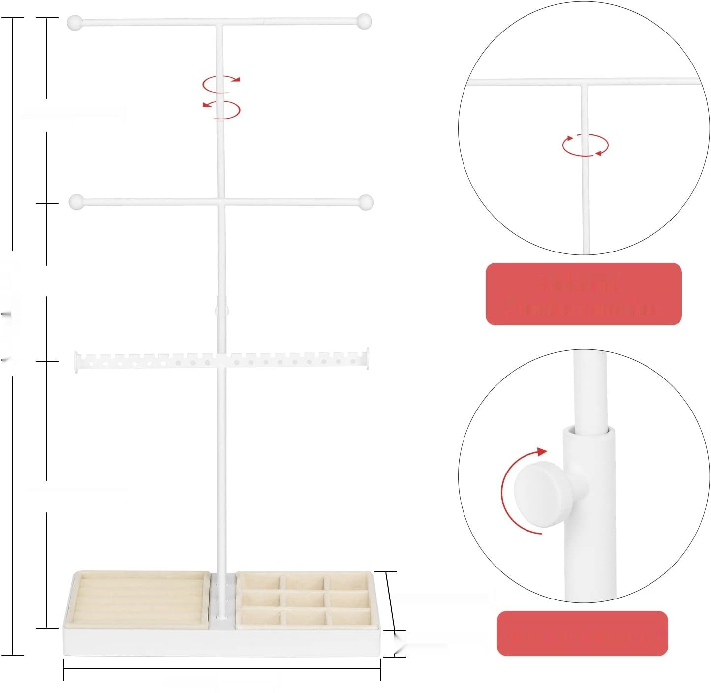 Stojak na biżuterię JUPELI: nowoczesny design, regulowana wysokość, taca.