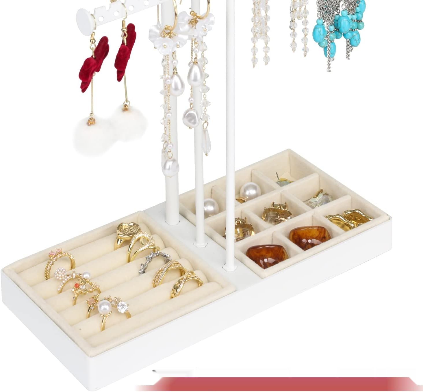 Stojak na biżuterię JUPELI: nowoczesny design, regulowana wysokość, taca.