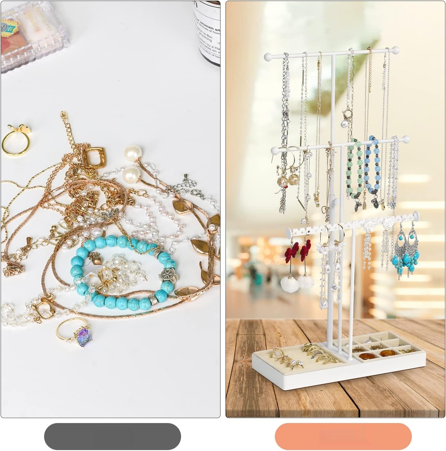 Stojak na biżuterię JUPELI: nowoczesny design, regulowana wysokość, taca.