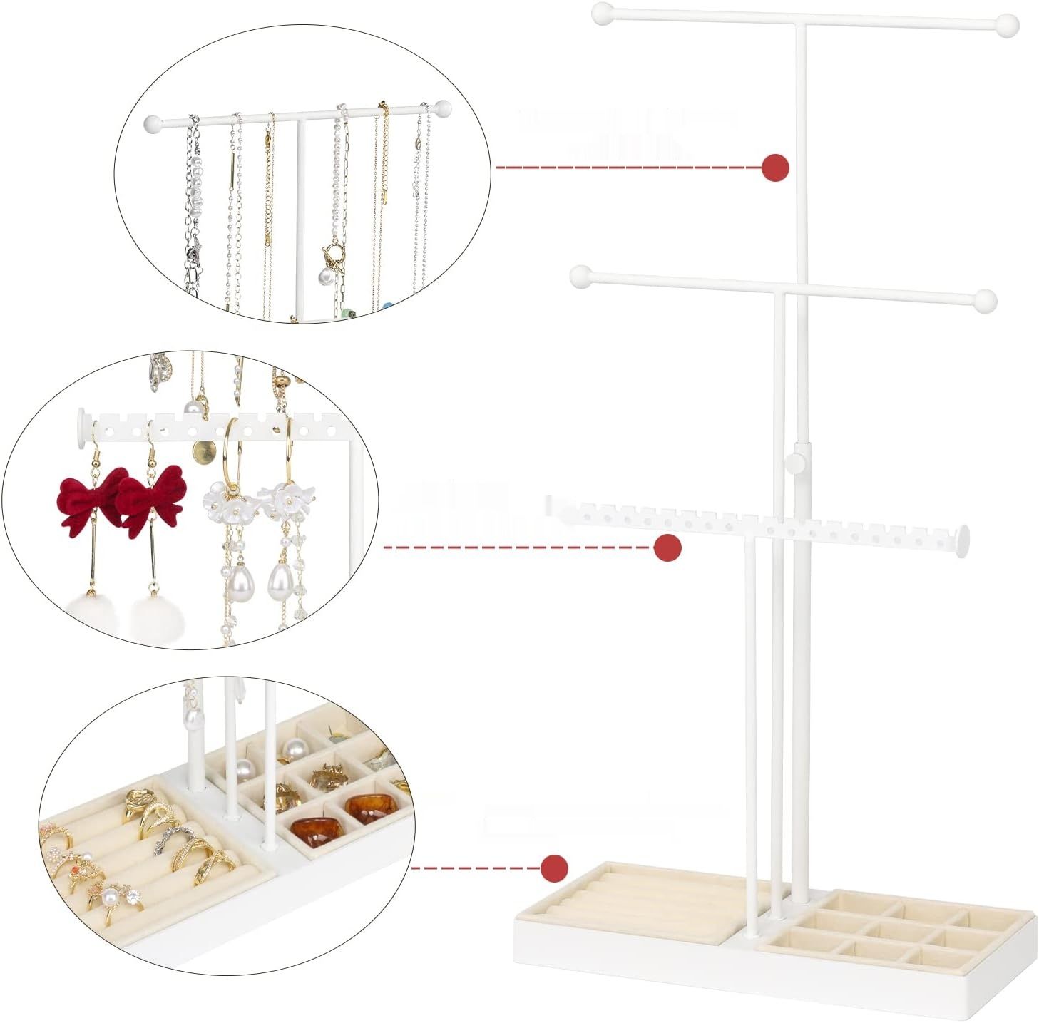 Stojak na biżuterię JUPELI: nowoczesny design, regulowana wysokość, taca.