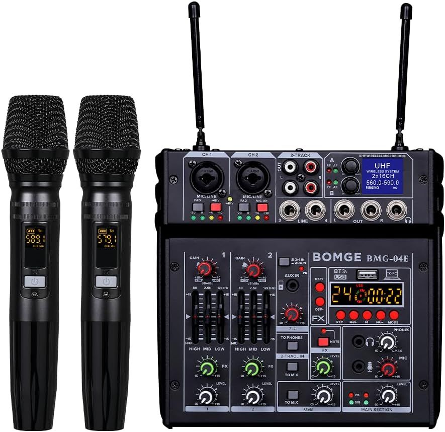 BOMGE 04E Mikser Audio Karaoke, Mikser 4-Kanałowy z Mikrofonem UHF