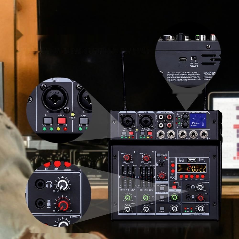 BOMGE 04E Mikser Audio Karaoke, Mikser 4-Kanałowy z Mikrofonem UHF