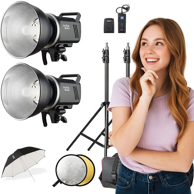 Zestaw lamp błyskowych Godox MS300 Studio Strobe, 600 W, z mocowaniem Bowens.