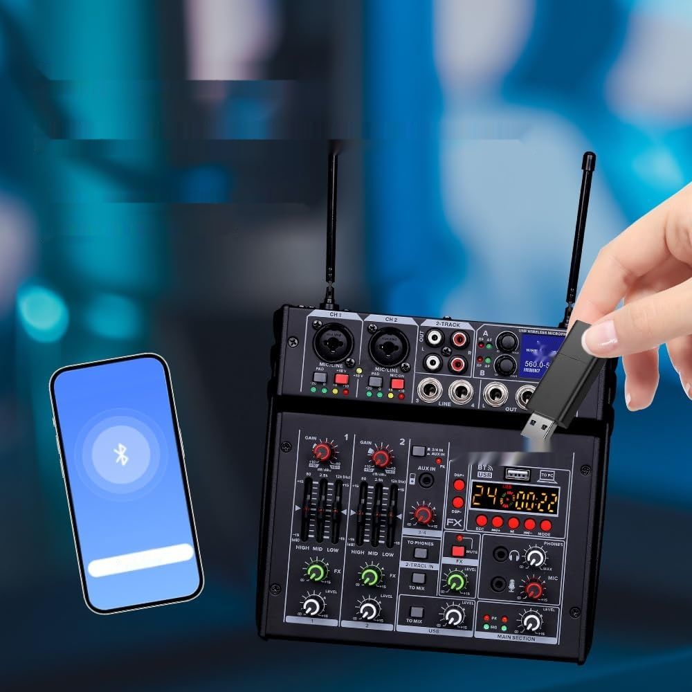 BOMGE 04E Mikser Audio Karaoke, Mikser 4-Kanałowy z Mikrofonem UHF