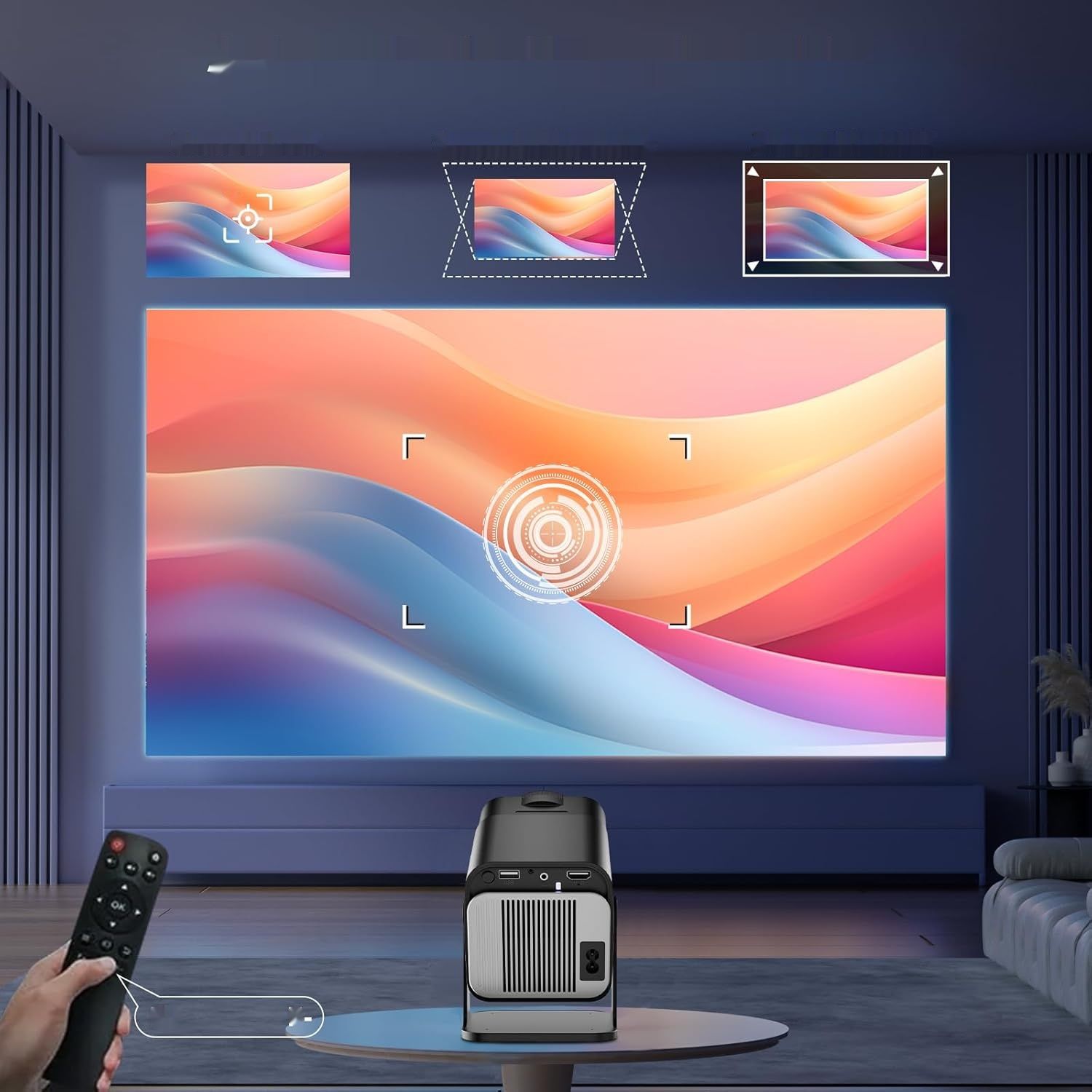 Mini projektor, Full HD 720p, Bluetooth 4K, autofokus, automatyczna korekcja.