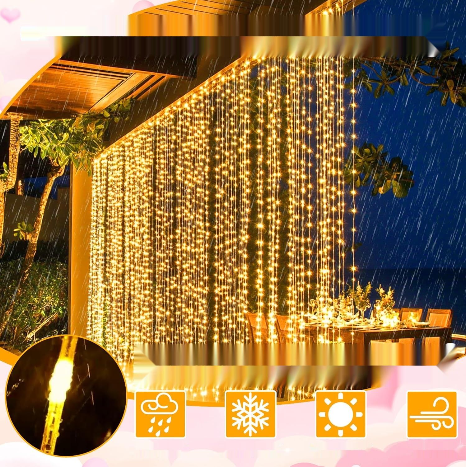 GCMacau Kurtyna Świetlna 3x3 m 300 LED, Wodoodporna IP65, 8 Trybów