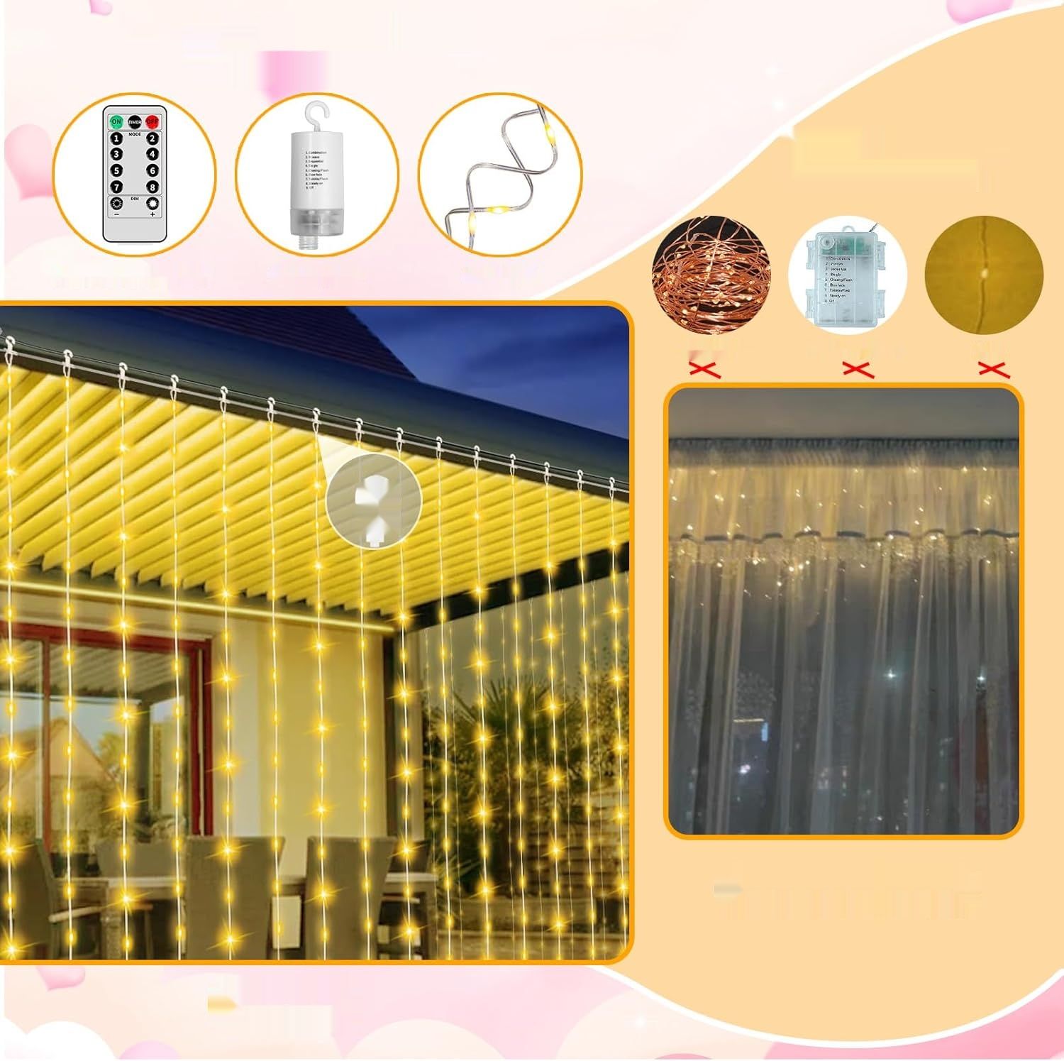 GCMacau Kurtyna Świetlna 3x3 m 300 LED, Wodoodporna IP65, 8 Trybów