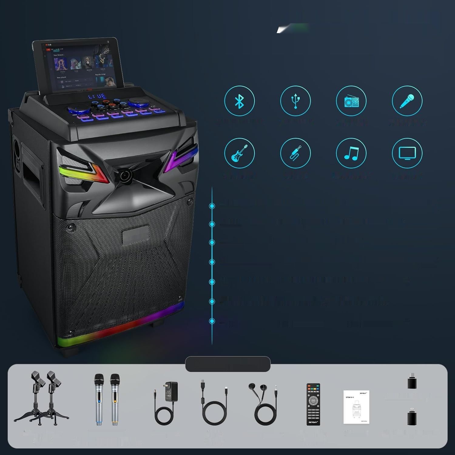 DSP Głośnik Karaoke 10&quot; z 2 Bezprzewodowymi Mikrofonami GTSK10-1