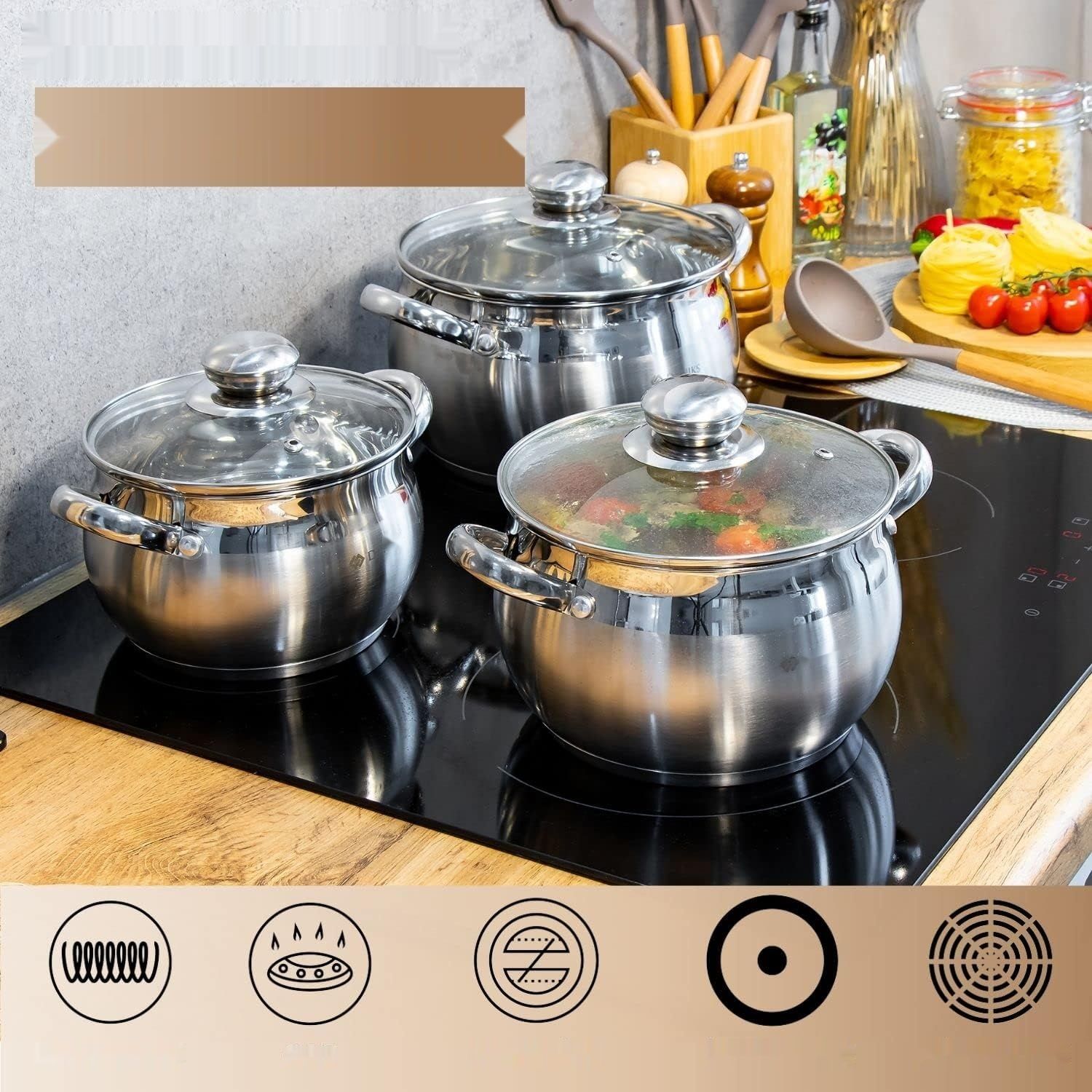 Daniks Classic Zestaw Garnków INOX z Pokrywkami Szklanymi, 6 Części