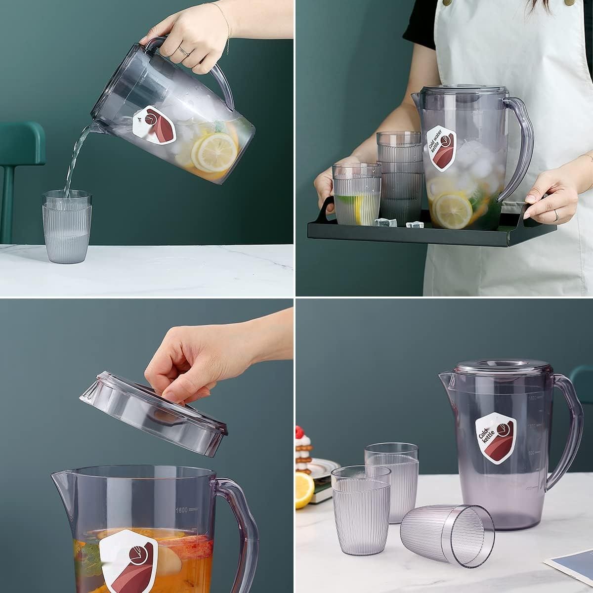 HOMQUEN Plastikowy Dzbanek z 3 Szklankami, 60 oz/1,8 L (Szary)