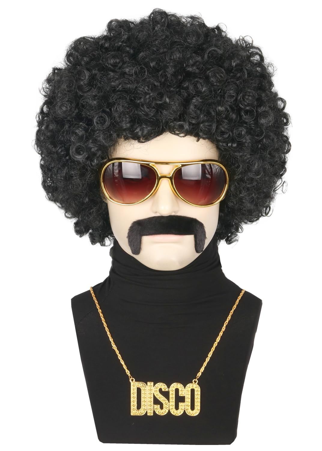 Topcosplay Zestaw Peruk Afro dla Mężczyzn z Okularami, Wąsem, Naszyjnikiem