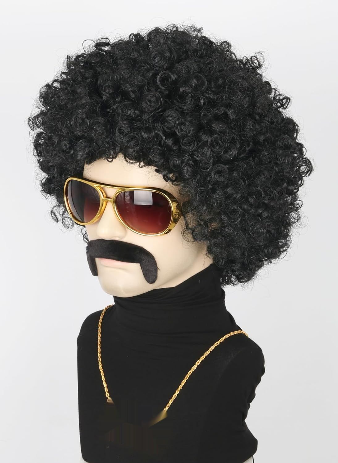 Topcosplay Zestaw Peruk Afro dla Mężczyzn z Okularami, Wąsem, Naszyjnikiem