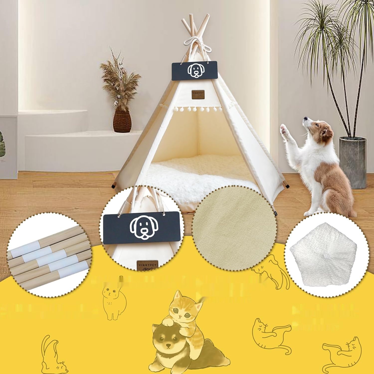 Vinnypet Namiot Tipi dla kotów i psów, domek z pluszową poduszką, L
