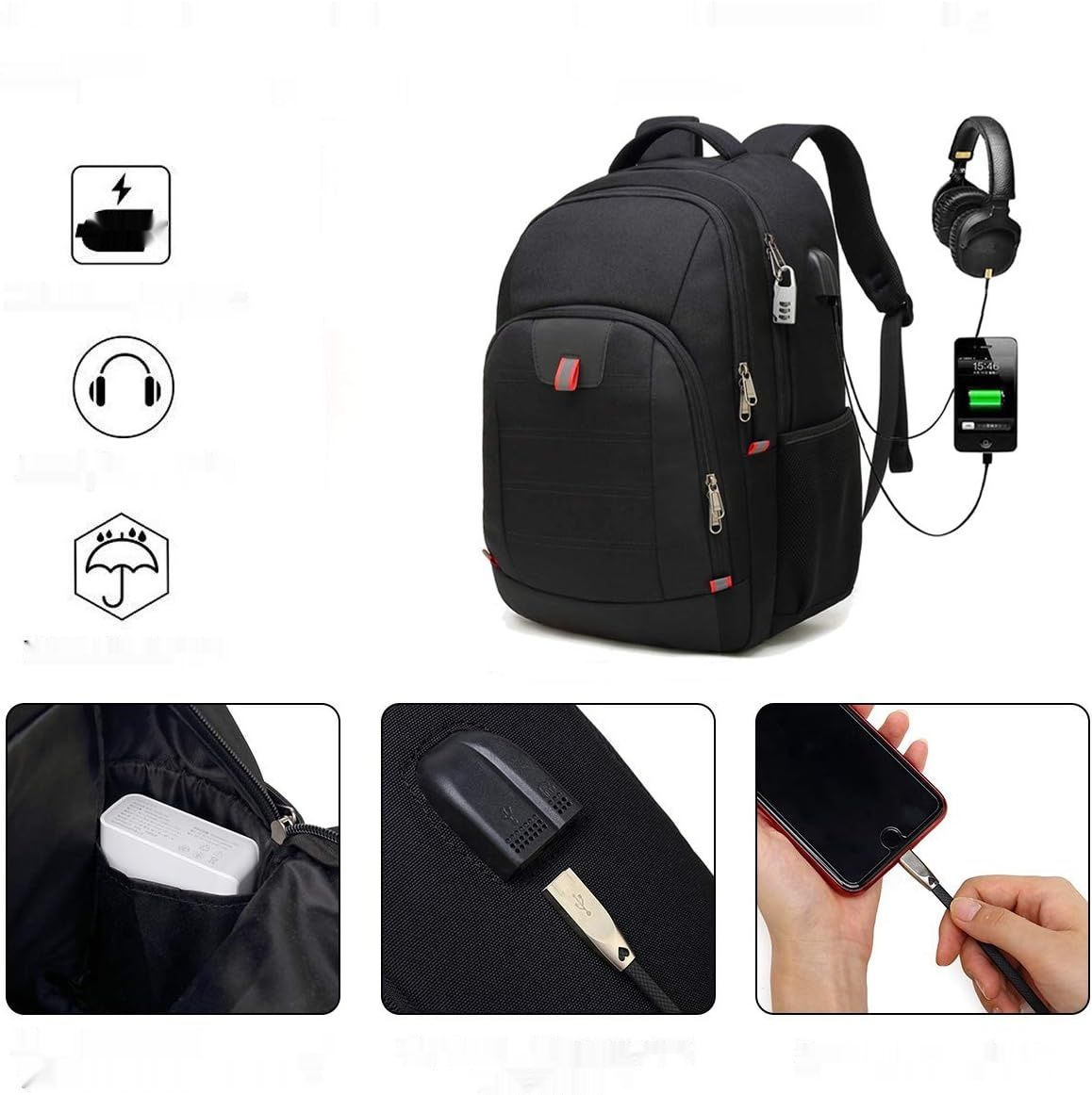 Plecak Della Gao z portem USB do pracy, szkoły i podróży, wodoodporny.