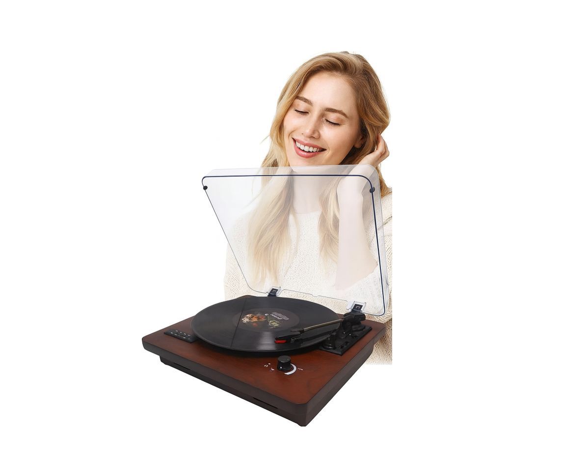 DLITIME Gramofon Bluetooth, Vintage Gramofon Trzy Prędkości, Radio FM