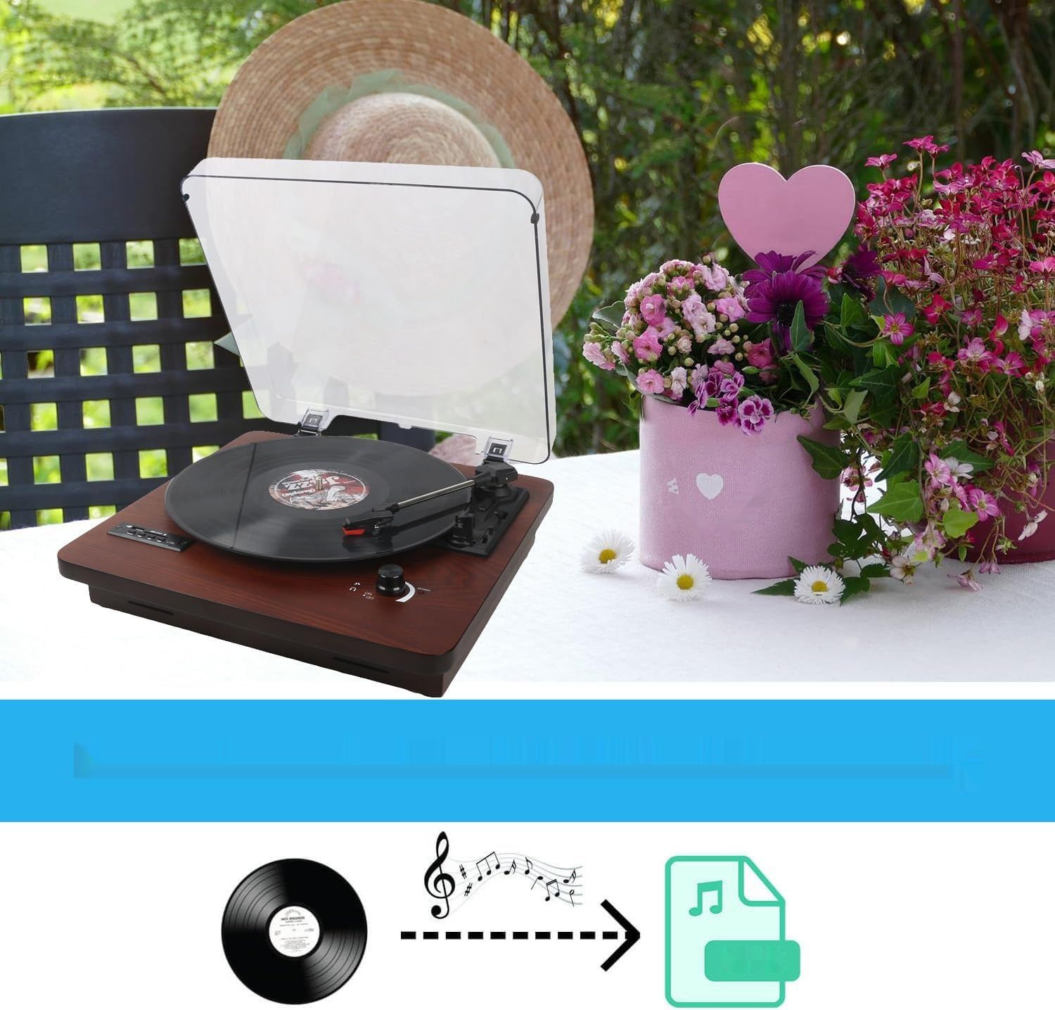 DLITIME Gramofon Bluetooth, Vintage Gramofon Trzy Prędkości, Radio FM