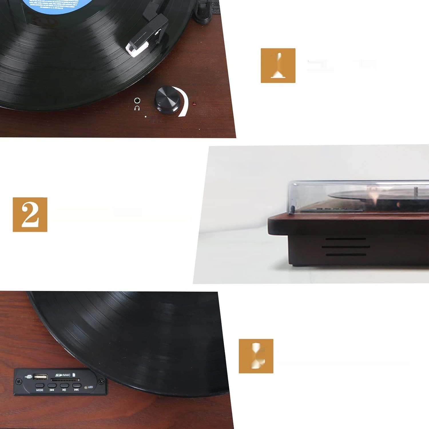 DLITIME Gramofon Bluetooth, Vintage Gramofon Trzy Prędkości, Radio FM