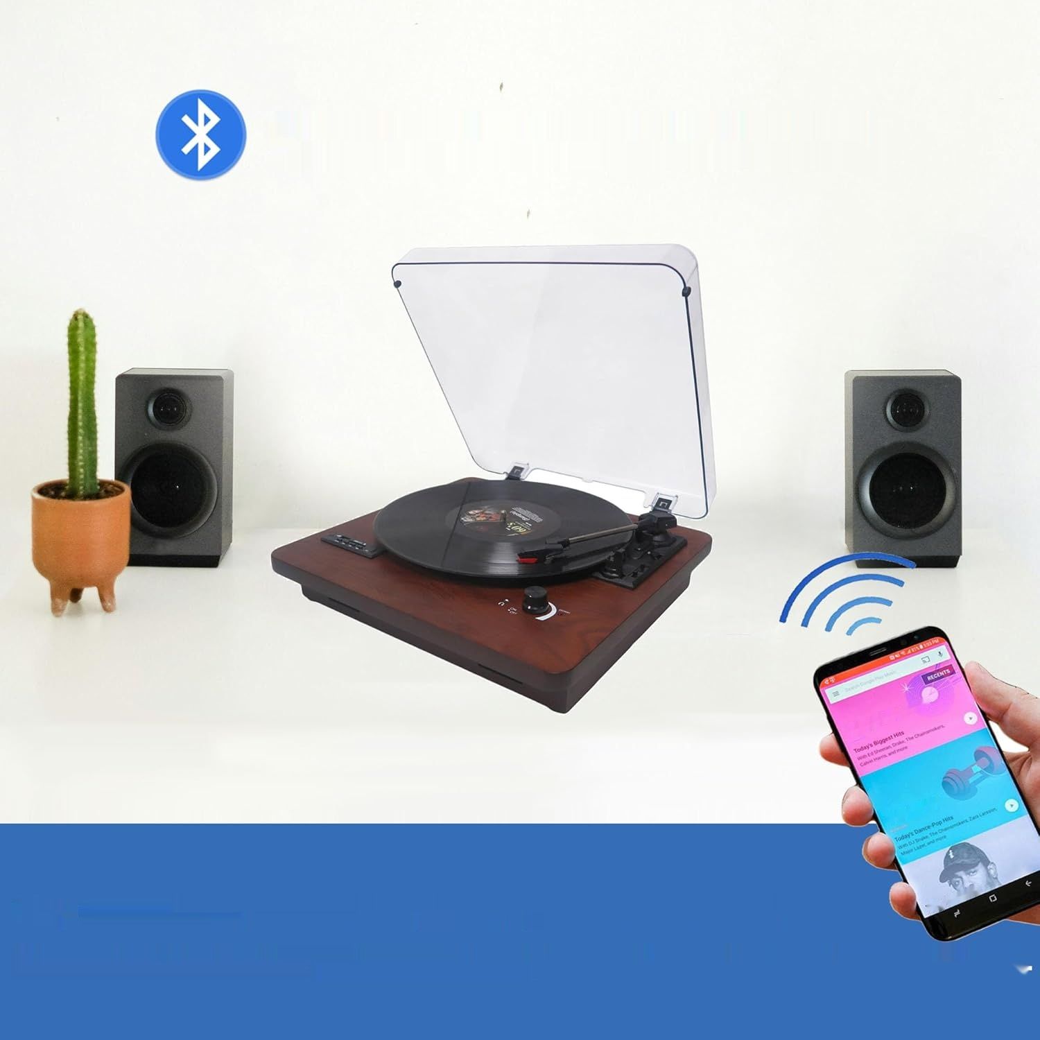 DLITIME Gramofon Bluetooth, Vintage Gramofon Trzy Prędkości, Radio FM