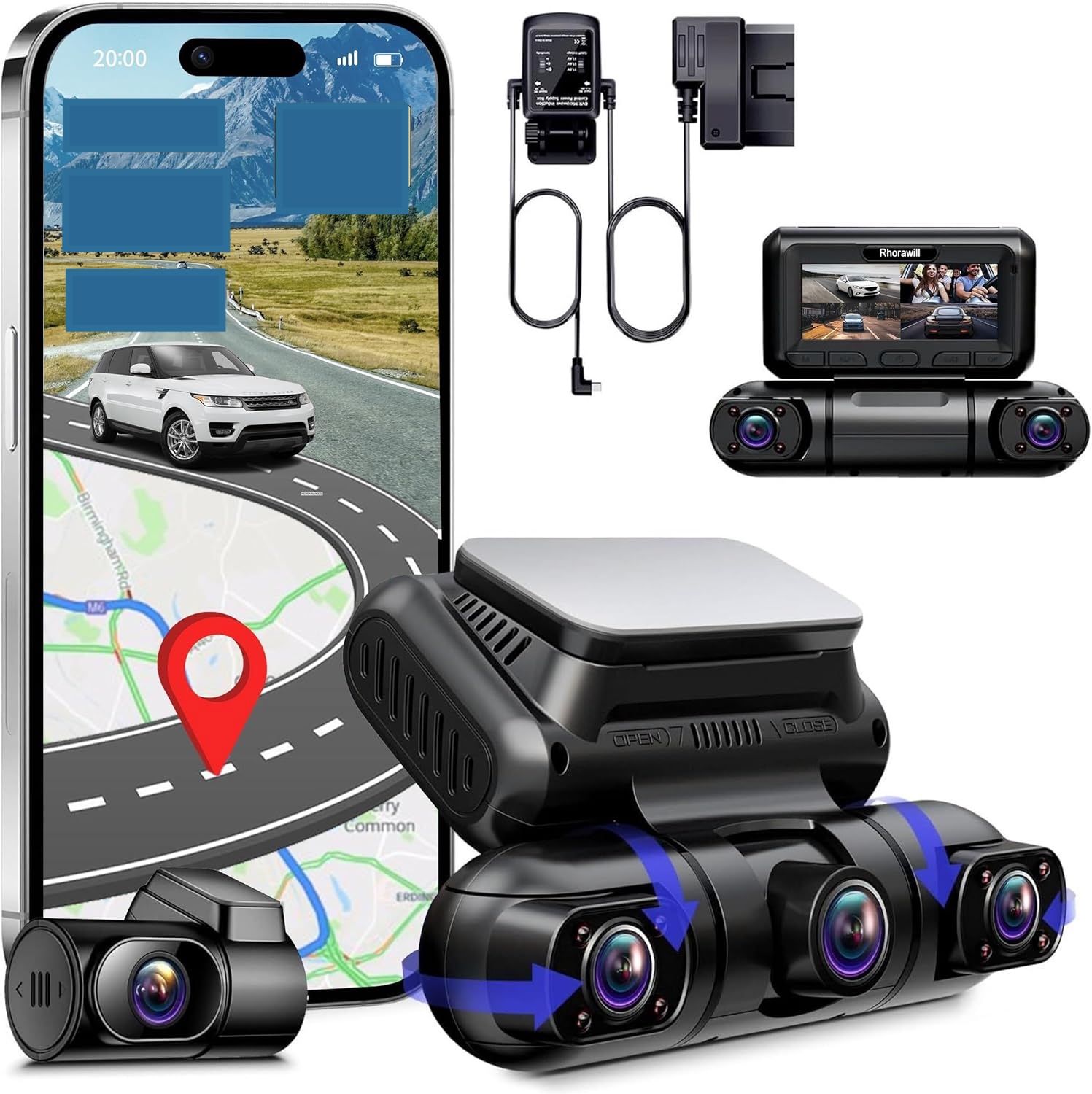 Rhorawill 4-kanałowa kamera Dash Cam, obrót o 360° przód, tył, wnętrze.