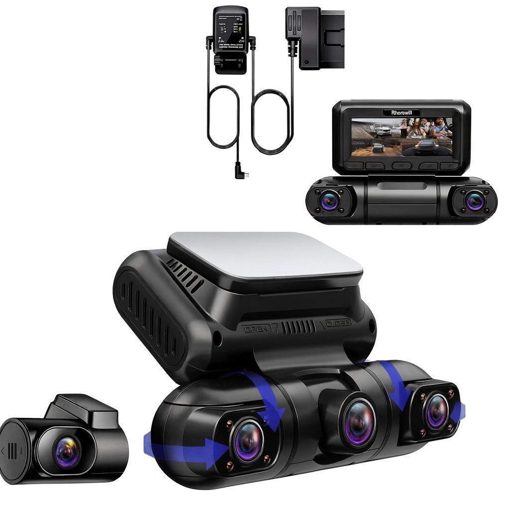 Rhorawill 4-kanałowa kamera Dash Cam, obrót o 360° przód, tył, wnętrze.