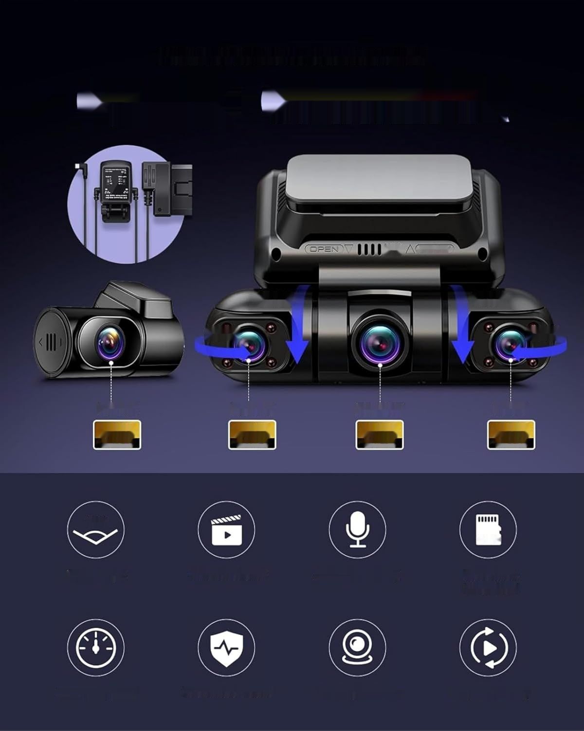 Rhorawill 4-kanałowa kamera Dash Cam, obrót o 360° przód, tył, wnętrze.