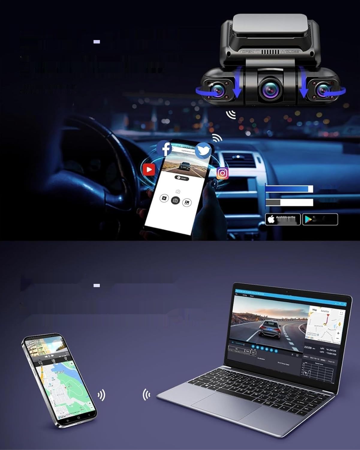Rhorawill 4-kanałowa kamera Dash Cam, obrót o 360° przód, tył, wnętrze.