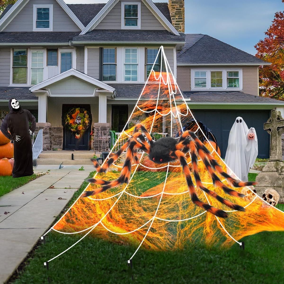 AMLOOPH Dekoracja Halloweenowa na Zewnątrz Ogrodu, Straszna Sieć Pająka