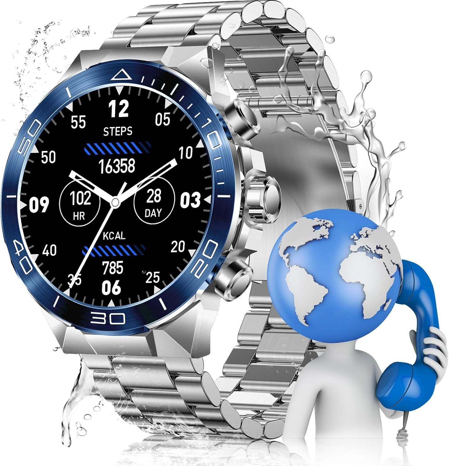 MiracDan Męski Smartwatch, AMOLED 1,43&quot;, Bluetooth 5.2, IP68, srebrny