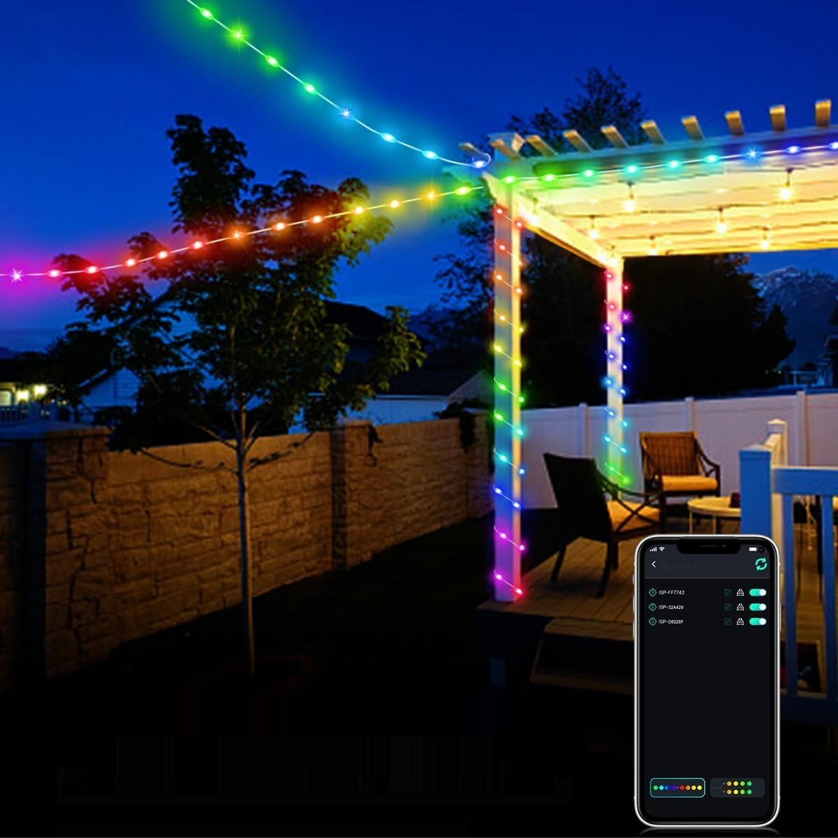 Adresowalne lampki choinkowe LED, kontrola przez aplikację, IP65, 20 m