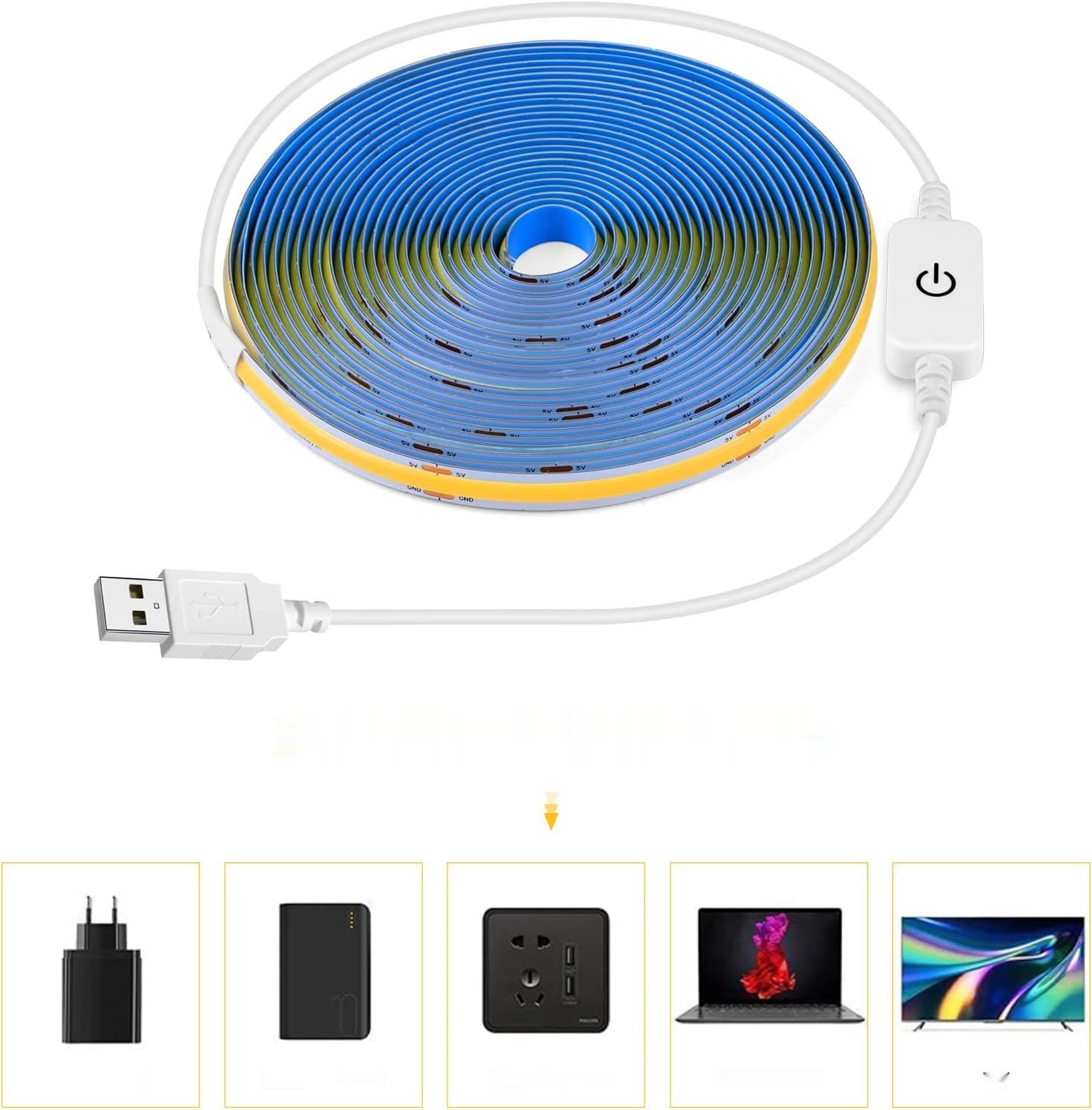 CHNMALITAI Pasek LED COB, 5 V USB Ściemnialny z Dotykowym Ściemniaczem