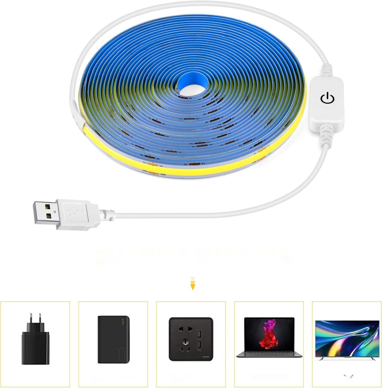 Taśma LED COB LED 1 m, 5 V USB, ściemniana taśma COB LED z przełącznikiem
