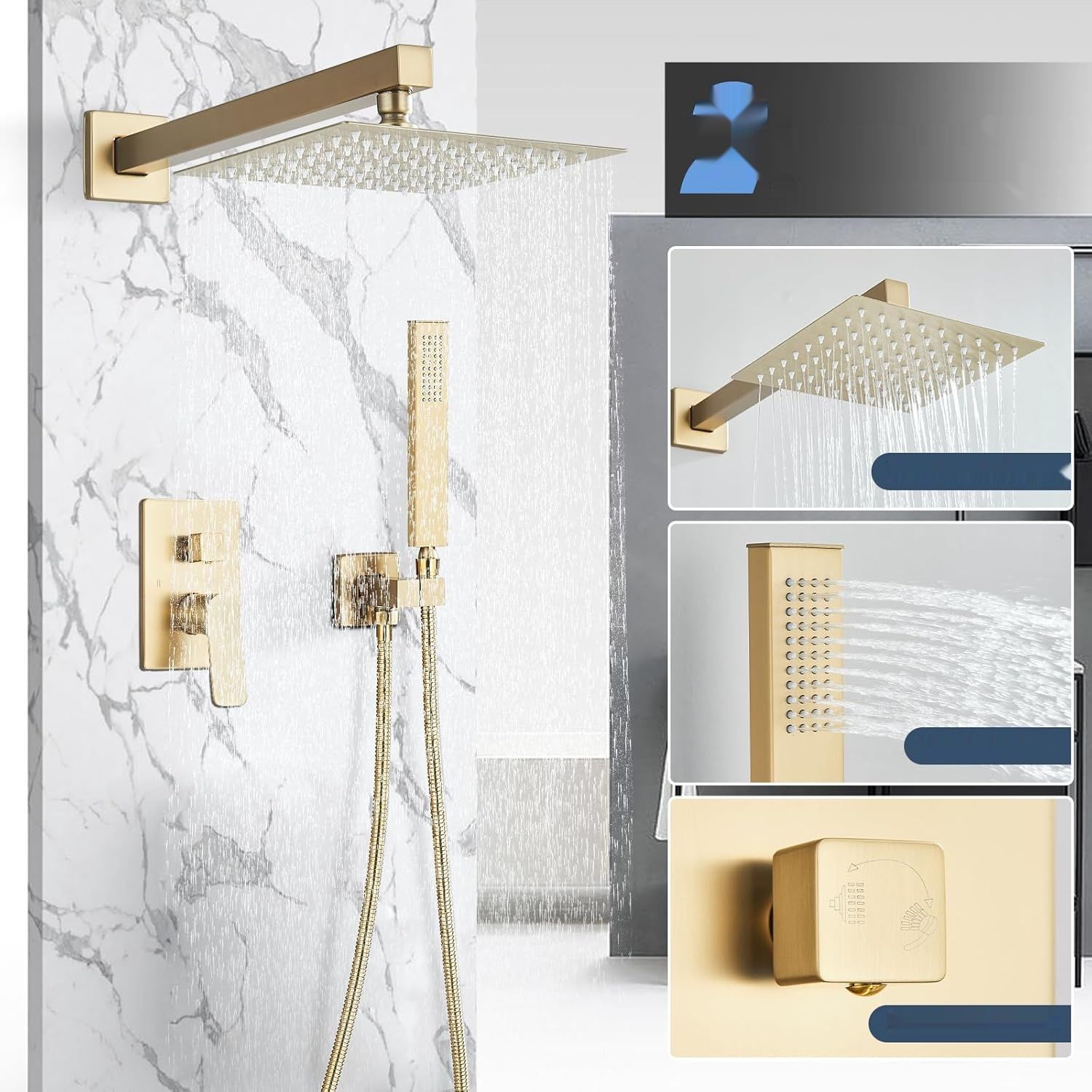 Recesyjny system prysznicowy, deszczownica 20 cm, szczotkowane złoto