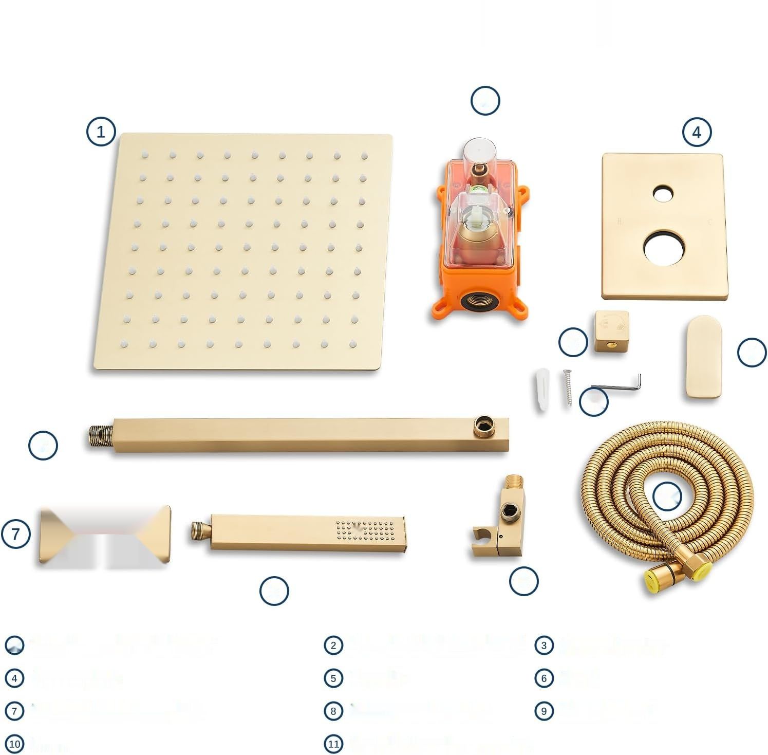 Recesyjny system prysznicowy, deszczownica 20 cm, szczotkowane złoto