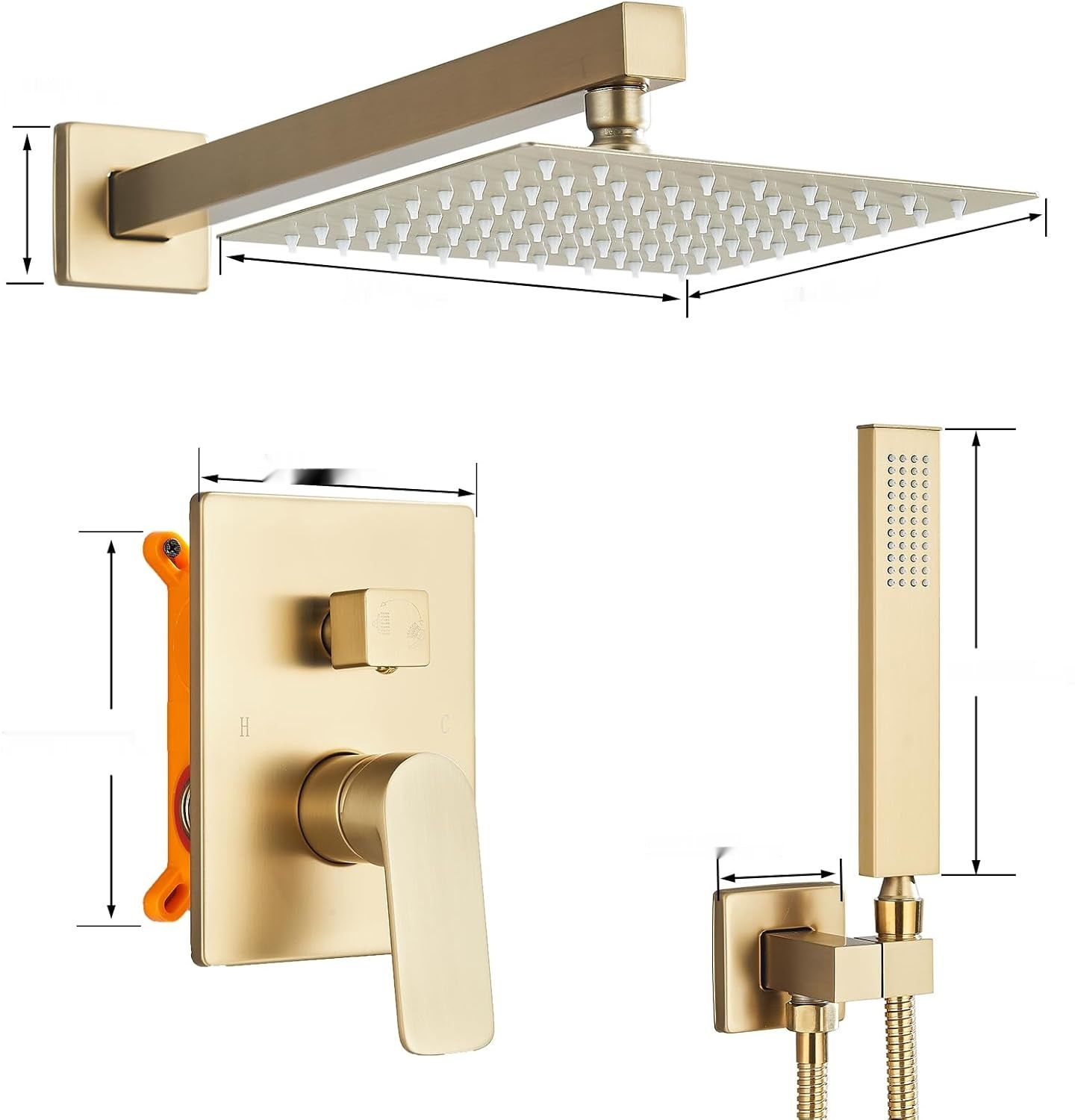 Recesyjny system prysznicowy, deszczownica 20 cm, szczotkowane złoto