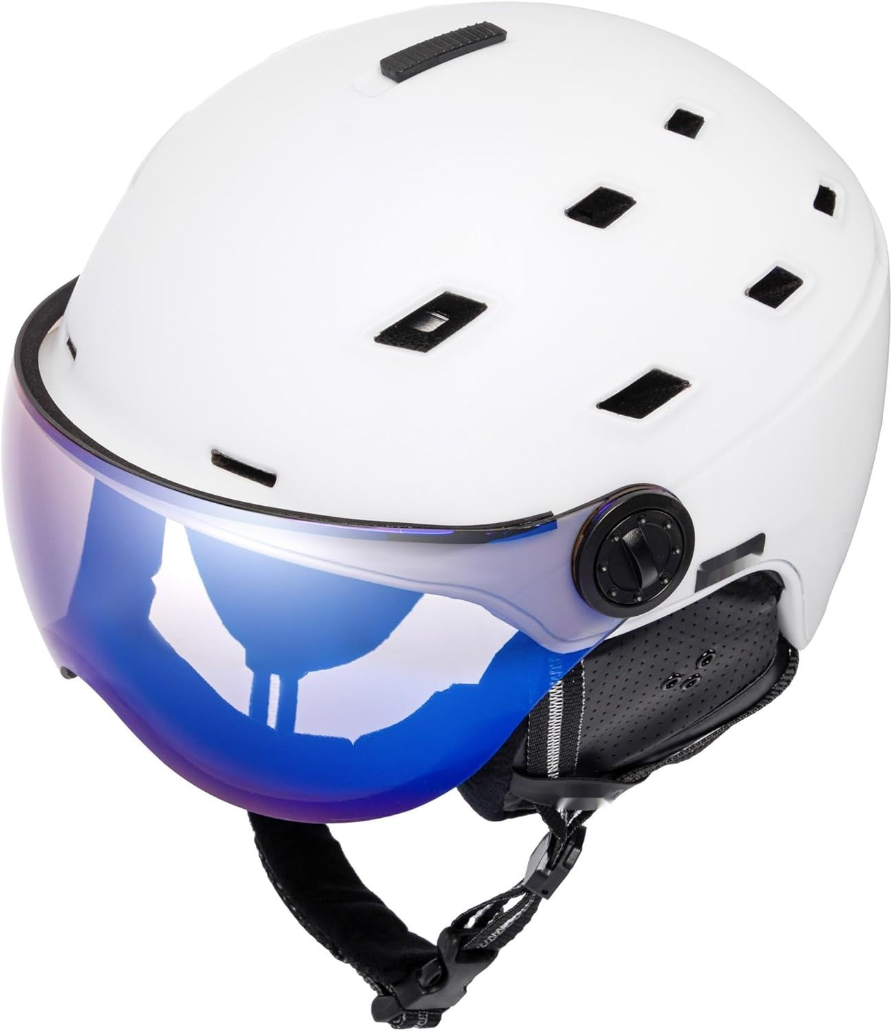 Kask narciarski Meteor z wizjerem i wysokiej jakości powłoką lustrzaną.