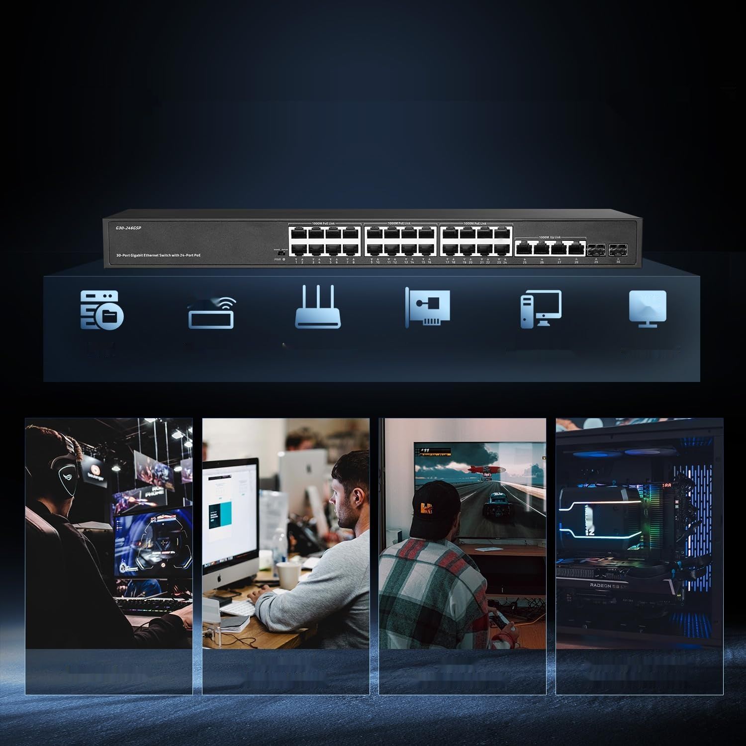 Binardat 30-portowy gigabitowy przełącznik POE, 24 porty POE+ 100/1000Mbps