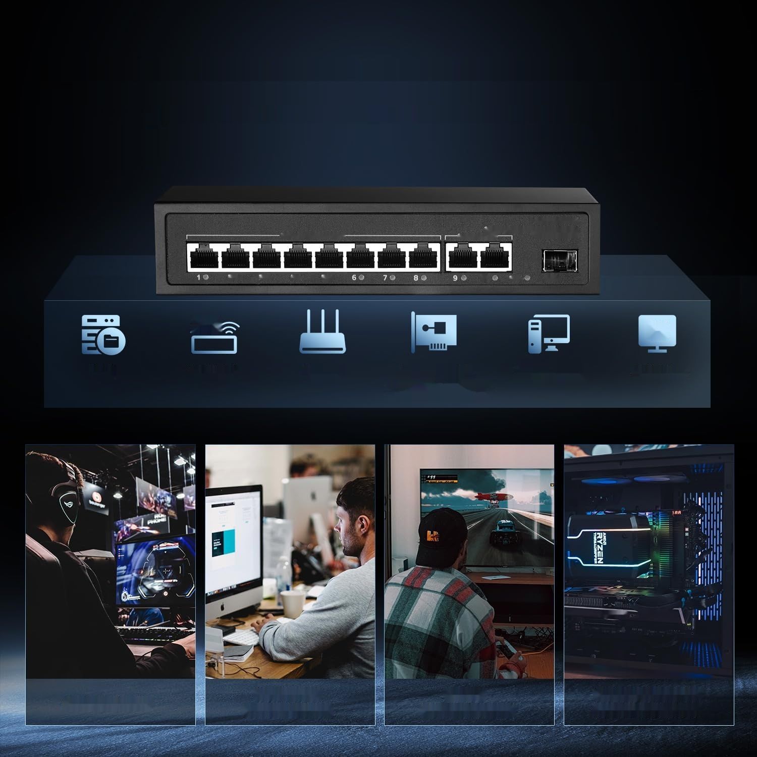 Binardat 11 Port Gigabit POE Switch, 8 portów POE+ 1000Mbps, 2 porty Gigabit Uplink, 1 port Gigabit SFP