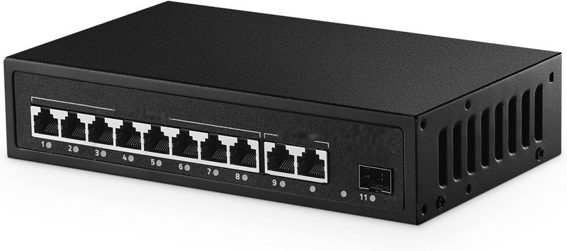 Binardat 11 Port Gigabit POE Switch, 8 portów POE+ 1000Mbps, 2 porty Gigabit Uplink, 1 port Gigabit SFP