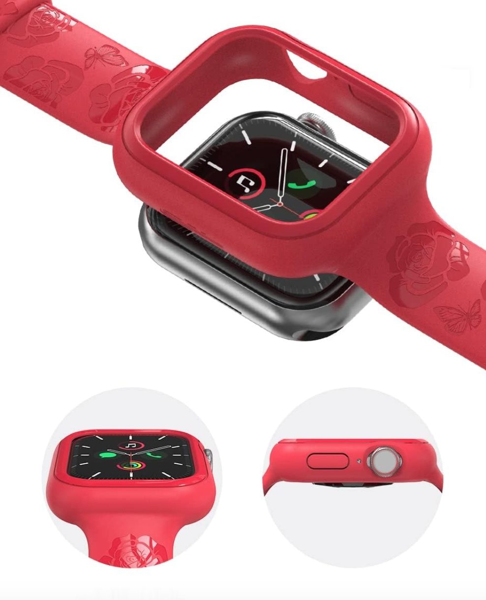 Etui z bransoletką dla Apple Watch (40/41 mm), czerwone, z różami.